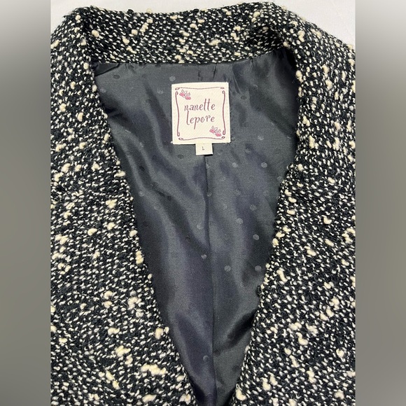 Gorgeous Nanette Lepore Black Cream Tweed Coat Jacket Ribbon Trim - L - Picture 4 of 15